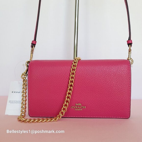 COACH Anna Pebbled Leather Fold-over Clutch Crossbody With Chain- Bold Pink ⭐ - Picture 1 of 16